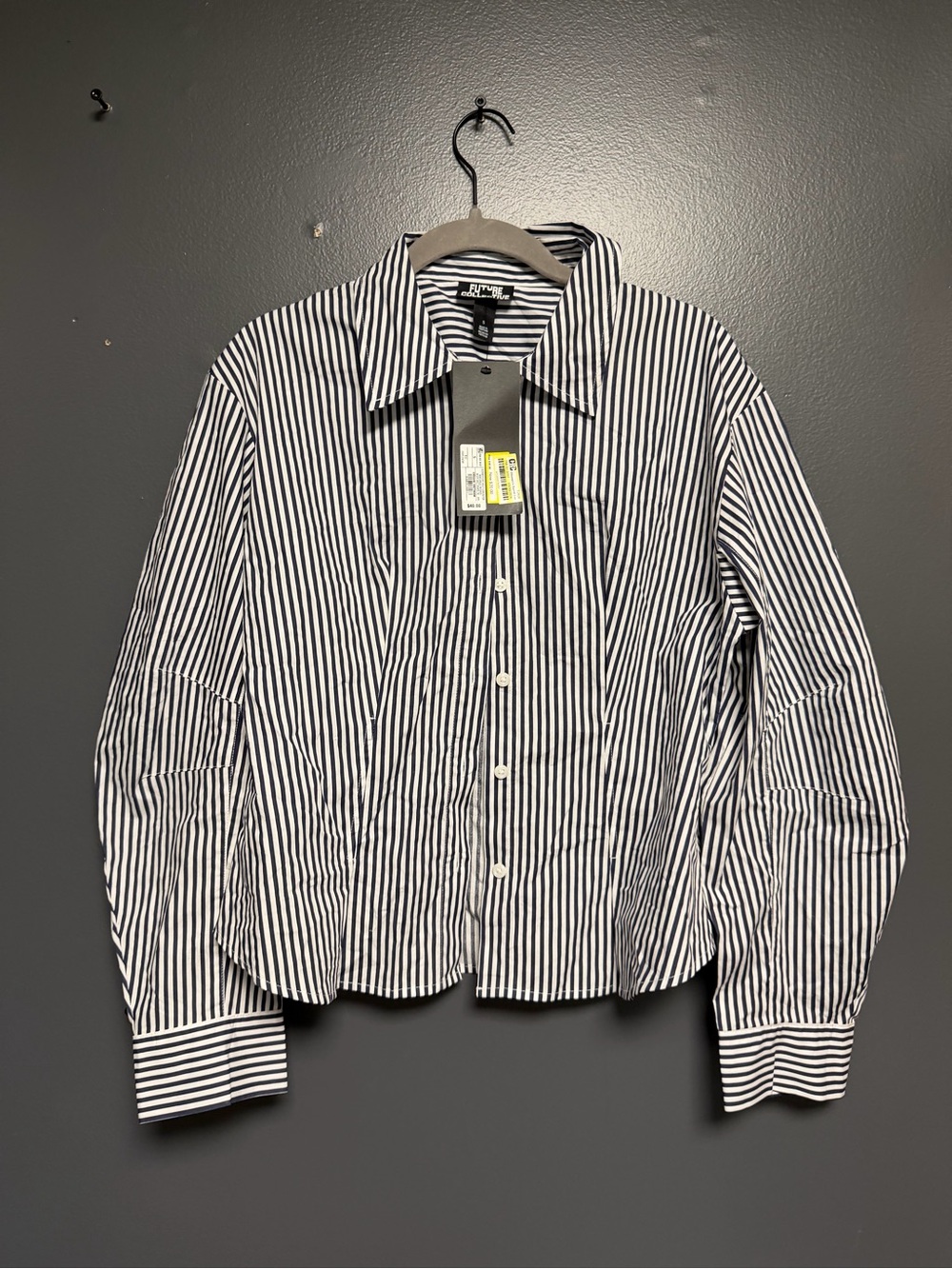 NWT Future Collective Blue White Striped Barrel Sleeve Button Up Size Small